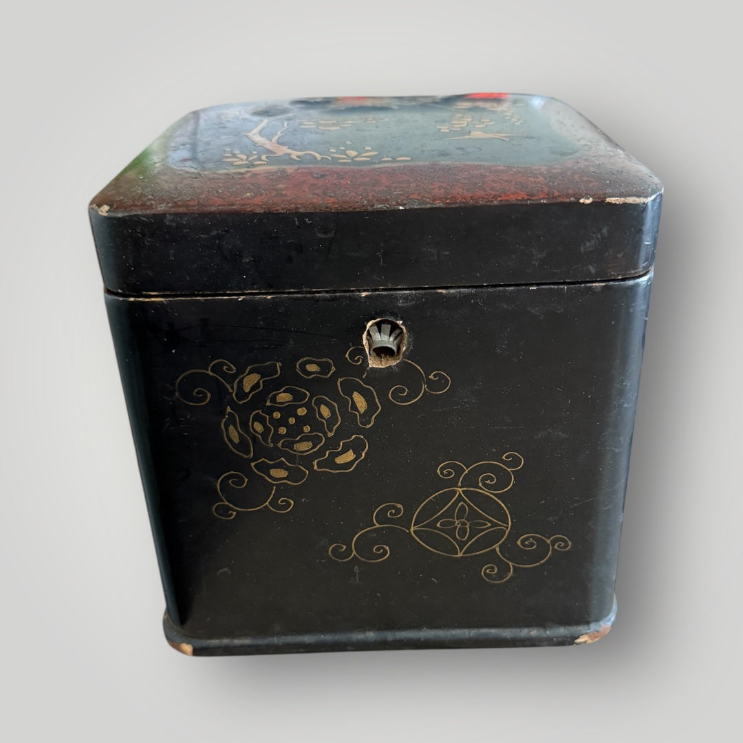 Boîte à thé ancienne en bois laqué – Sans clé 13,5x13,5x13,5cm