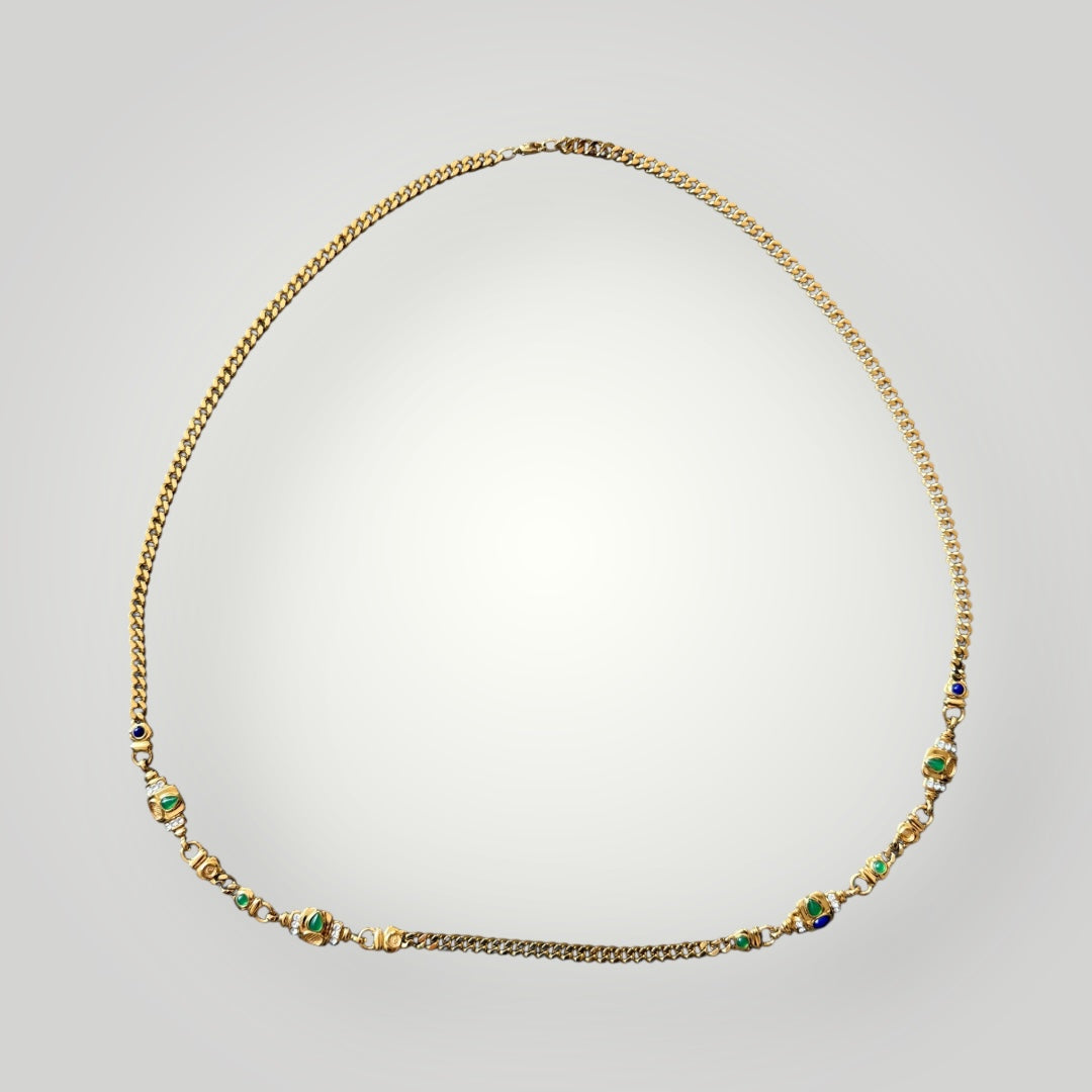 Collier doré avec perles vertes et bleues – Style oriental raffiné 90cm