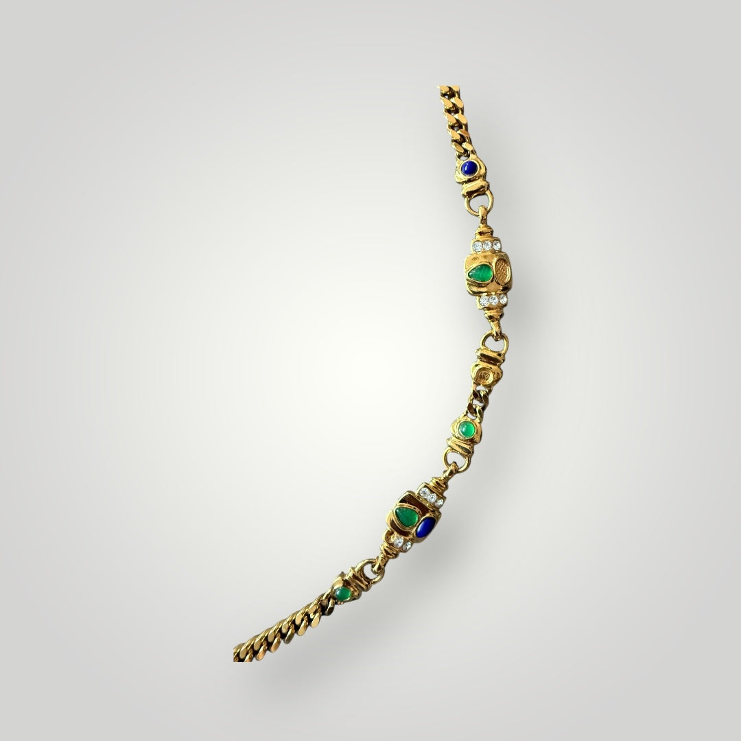 Collier doré avec perles vertes et bleues – Style oriental raffiné 90cm