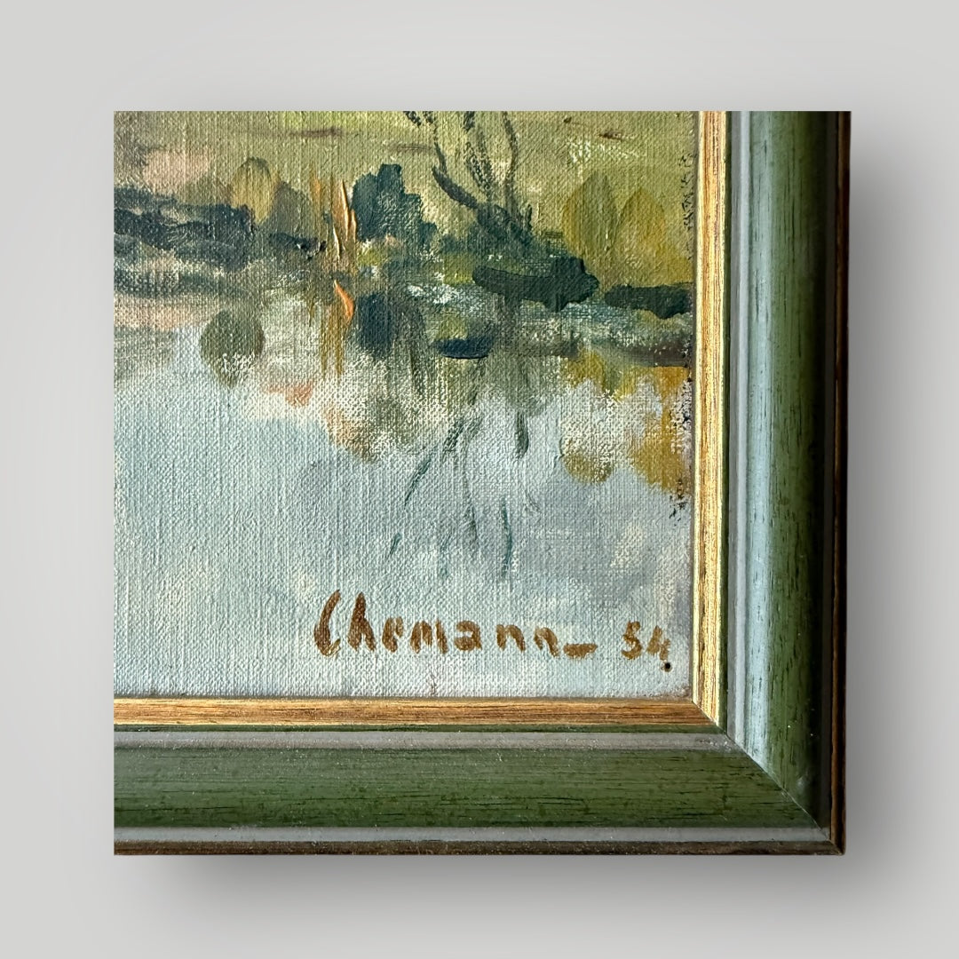 Paysage rural avec étang – Huile sur toile signée Chemann (1954) 38x28cm