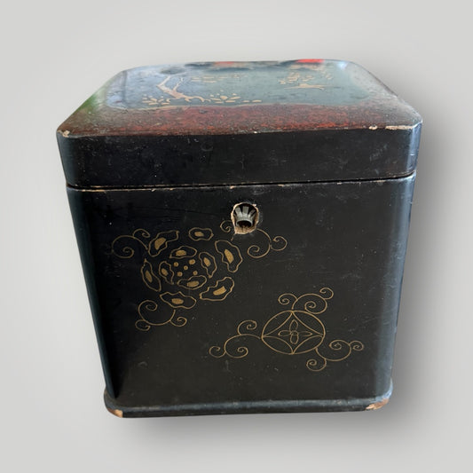 Boîte à thé ancienne en bois laqué – Sans clé 13,5x13,5x13,5cm