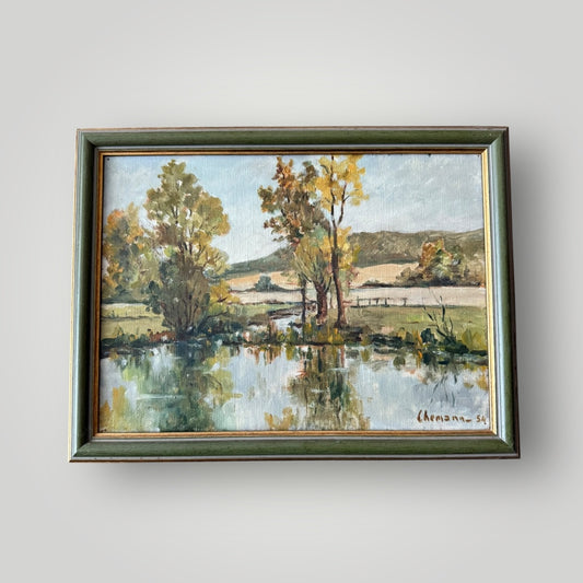 Paysage rural avec étang – Huile sur toile signée Chemann (1954) 38x28cm