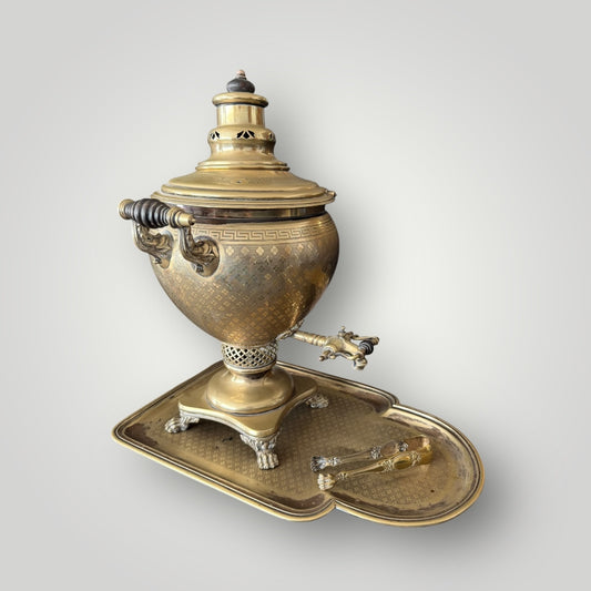 Samovar Russe Ancien en Laiton – Service Complet avec Plateau et Pince